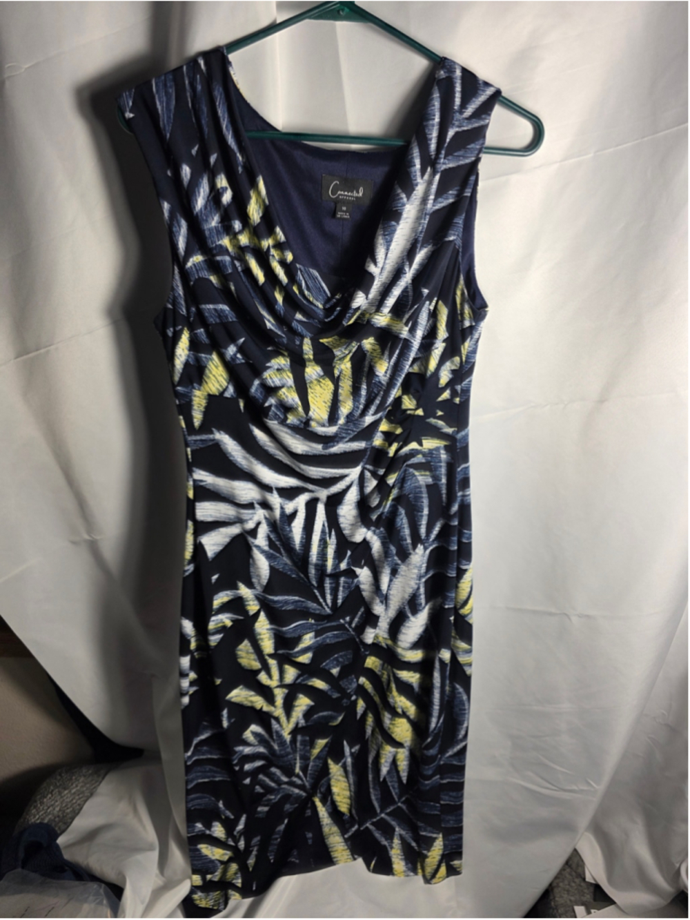 Women's Connected Apparel Midi Dress Size 10 navy Yellow Leaf Print tropical